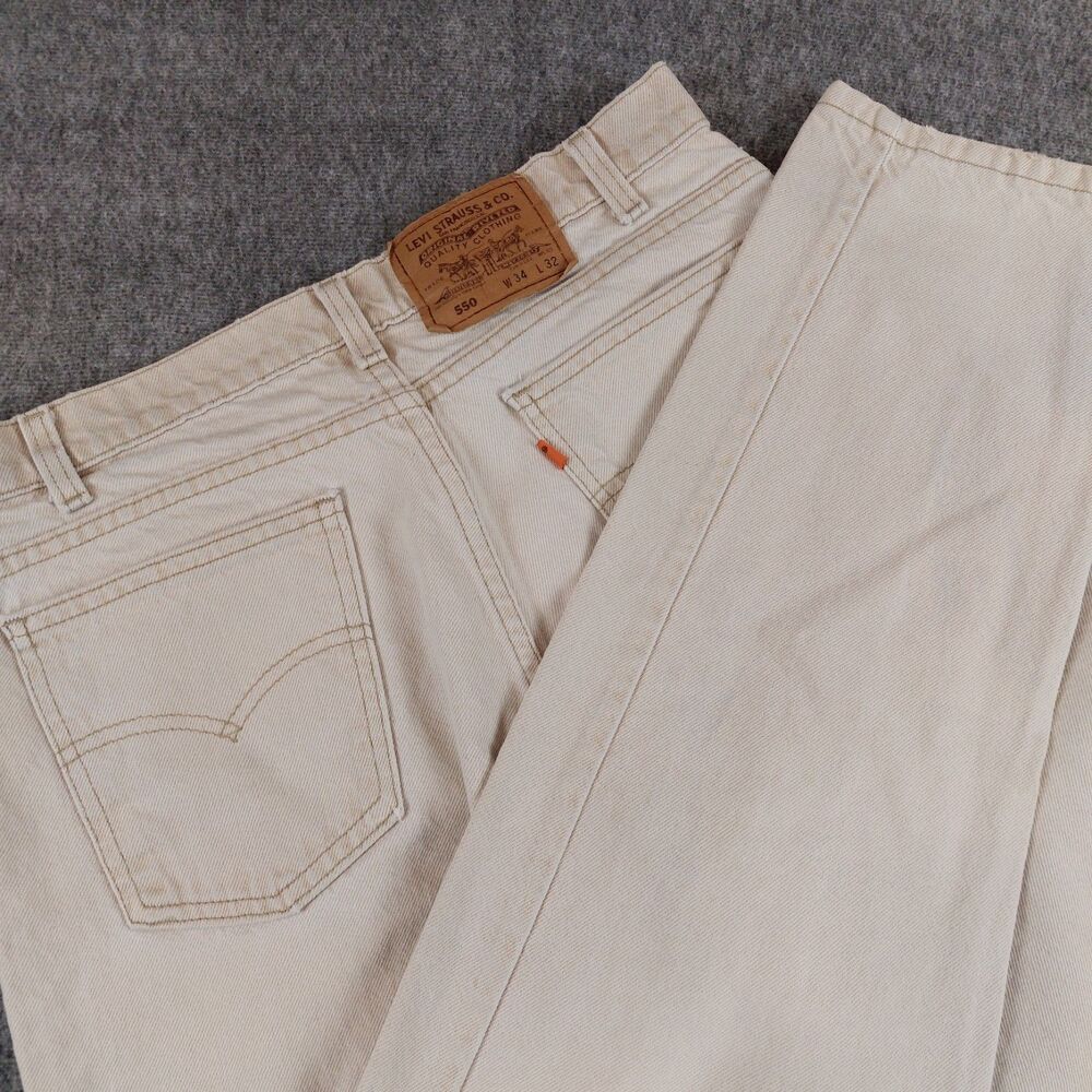 VTG Levis 550 Relaxed Orange Tab Jeans Mens 34x32(Fit 33x34) Beige 90s Made USA